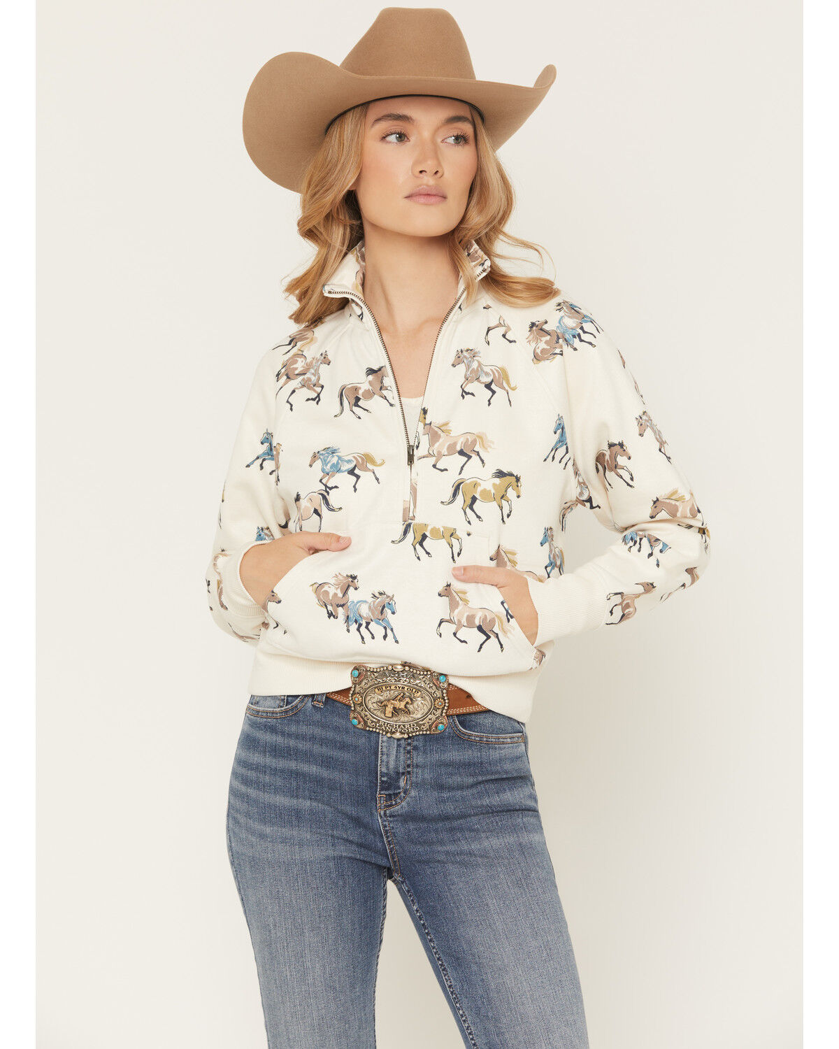 Shyanne Women's Horse Print 1/2 Zip Fleece Pullover, Cream, hi-res