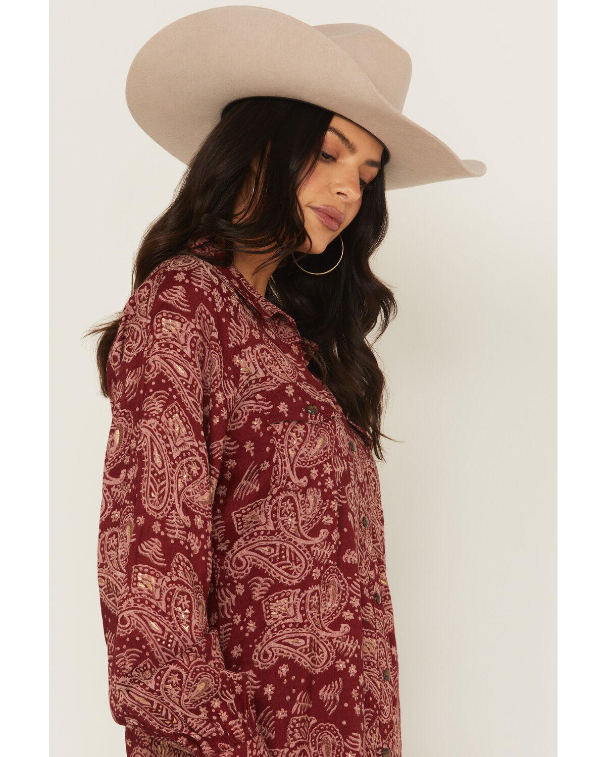 Image #2 - Ariat Women's Paisley Print Long Sleeve Snap Stretch Western Shirt, Burgundy, hi-res