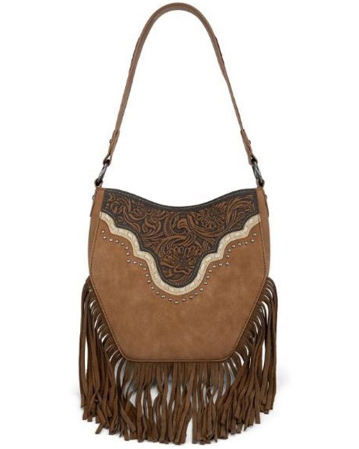 Montana West Women's Tooled Fringe Hobo Shoulder Bag, Brown, hi-res