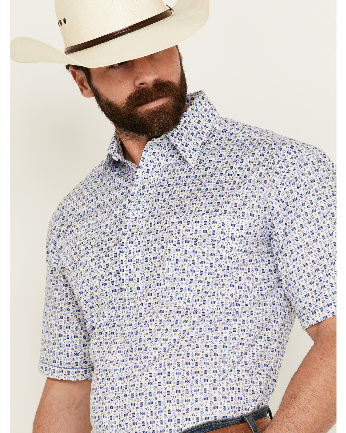 Image #2 - Panhandle Men's Southwestern Print Short Sleeve Pearl Snap Stretch Western Shirt, Blue, hi-res