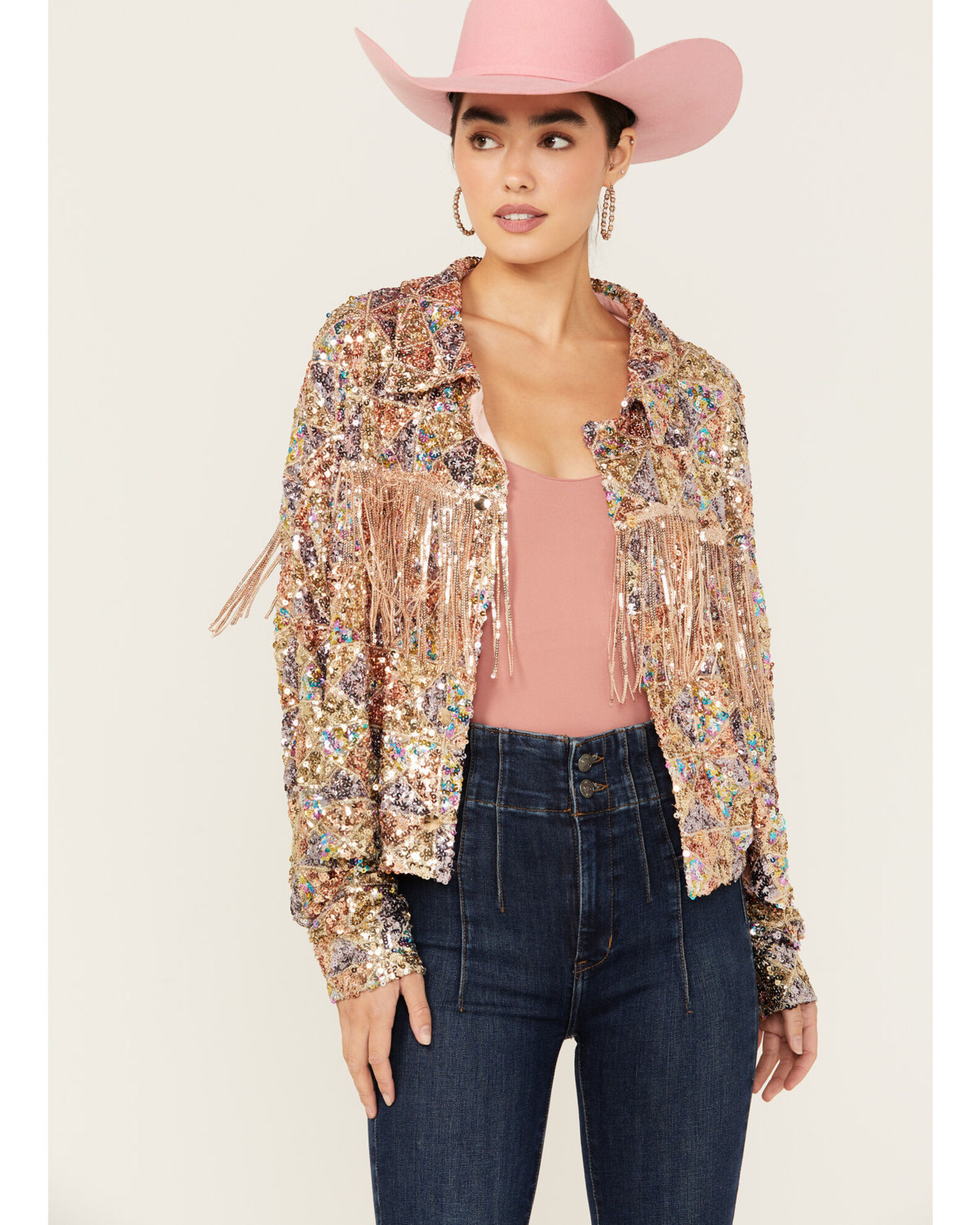 Miss Me Women's Sequins Fringe Yoke Jacket