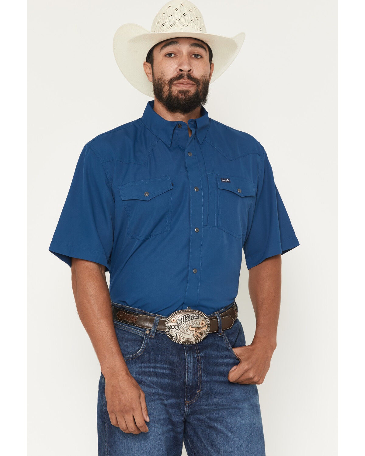 Wrangler Men's Solid Short Sleeve Snap Performance Western Shirt, Blue, hi-res