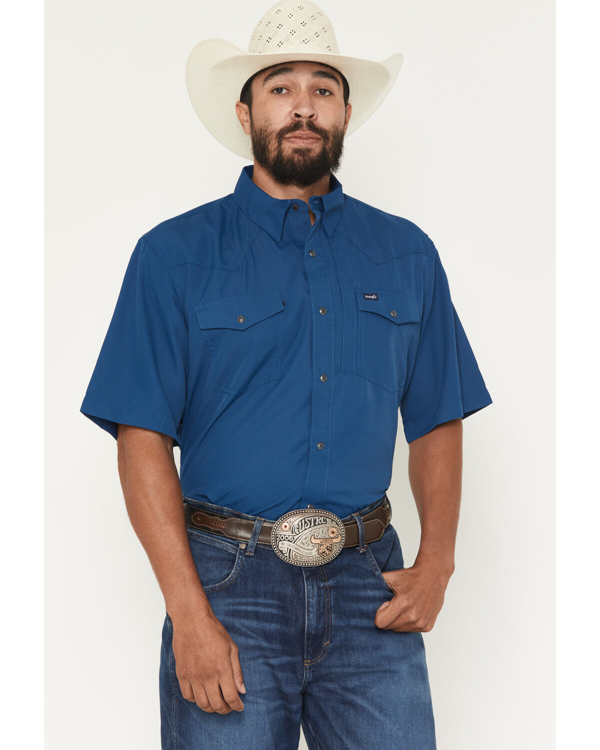 Image #1 - Wrangler Men's Solid Short Sleeve Snap Performance Western Shirt, Blue, hi-res