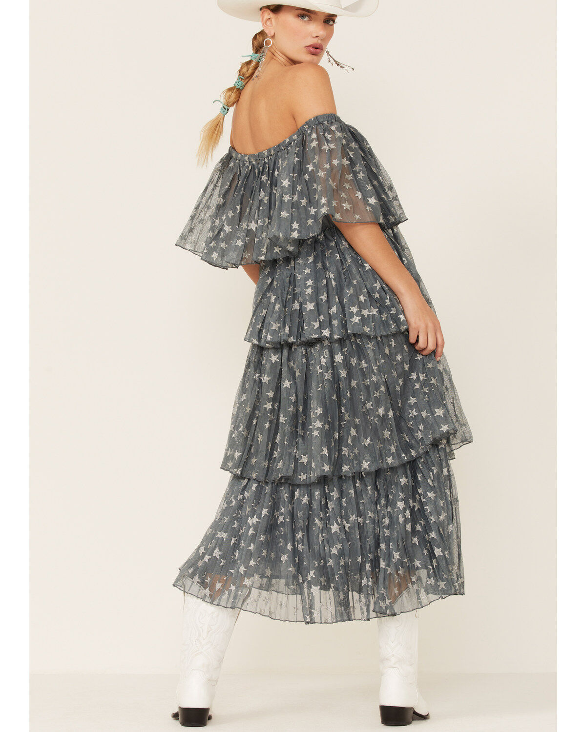 Image #4 - Z&L Women's Off-the-Shoulder Star Print Tiered Midi Dress, Multi, hi-res
