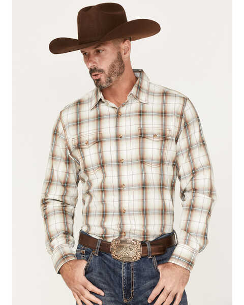 Wrangler Retro Men's Plaid Print Long Sleeve Button-Down Shirt, Brown, hi-res