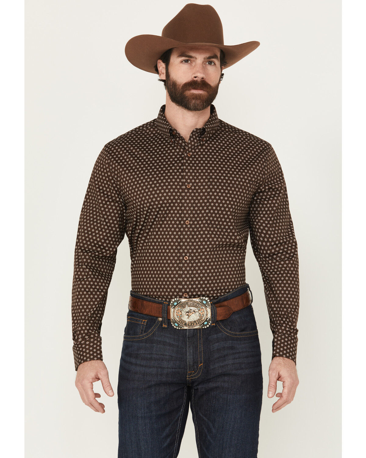 Image #1 - Cody James Men's Sebastian Geo Print Long Sleeve Button-Down Stretch Western Shirt, Dark Brown, hi-res
