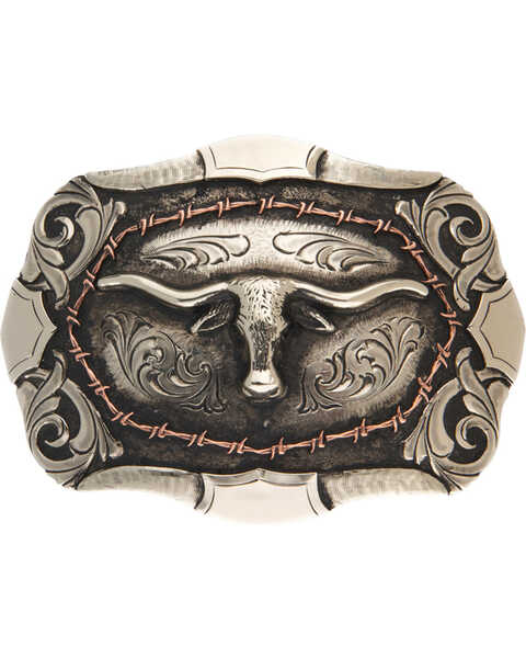 Image #1 - AndWest Bryce Vintage Two-Tone Steer Head Belt Buckle, Silver, hi-res