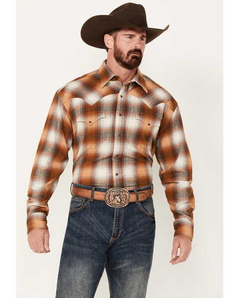 Stetson Men's Plaid Print Long Sleeve Snap Western Flannel Shirt, Rust Copper, hi-res
