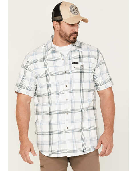 ATG by Wrangler Men's All-Terrain Hemp Utility Plaid Denim Short Sleeve Shirt , Blue, hi-res