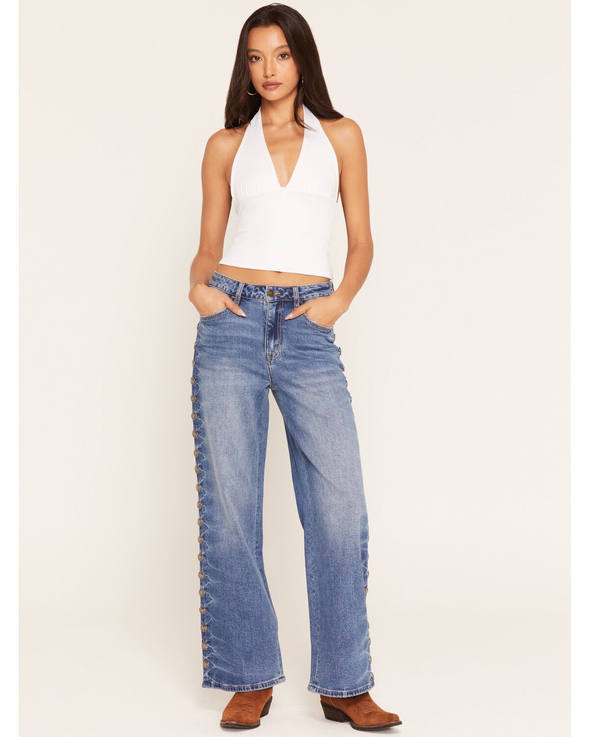 Image #1 - Rodeo Quincy X Boot Barn Women's Buffalo Billie Light Wash High Rise Concho Wide Leg Stretch Denim Jeans, Light Wash, hi-res