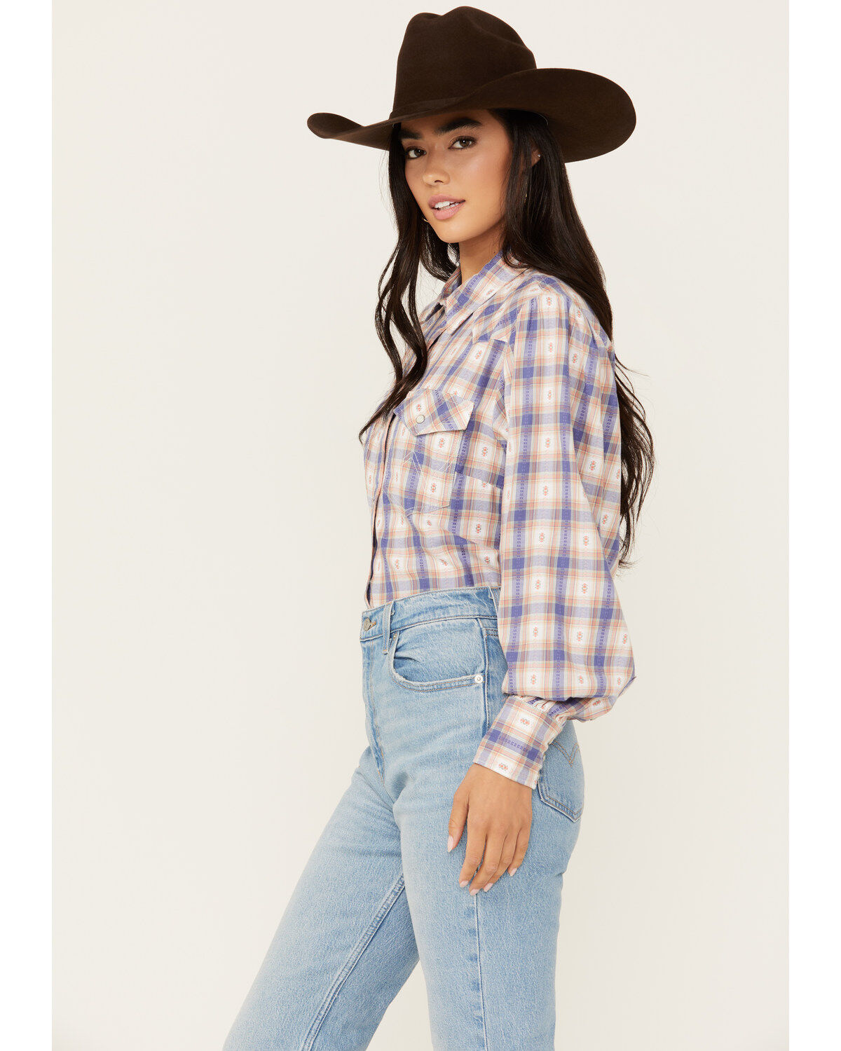 Image #2 - Wrangler Women's Balloon Sleeve Plaid Print Snap Western Shirt, Medium Wash, hi-res