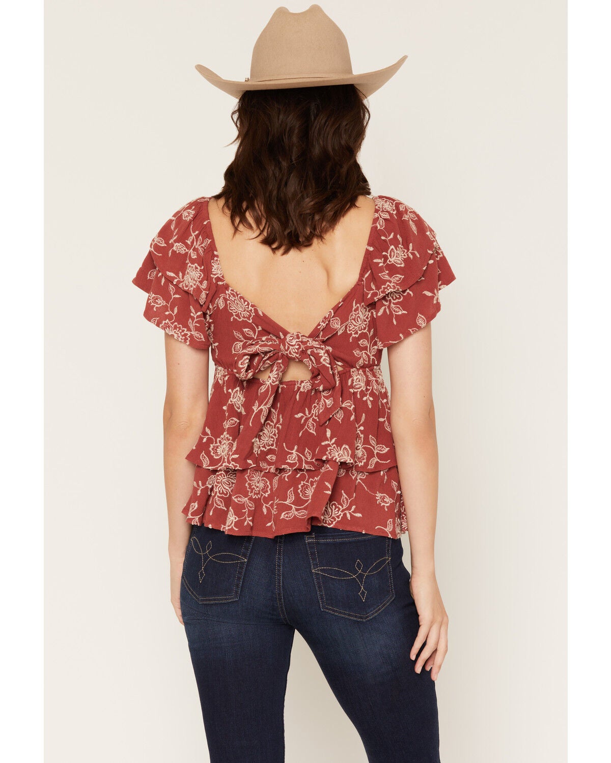 Image #4 - Originality Women's Boot Barn Exclusive Floral Embroidered Tiered Tie Back Top, Rose, hi-res