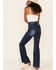 Flying Tomato Women's Medium Wash High Rise Button Front Flare Jeans , Blue, hi-res