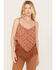Rock & Roll Denim Women's Floral Fringe Tank Top, Brown, hi-res
