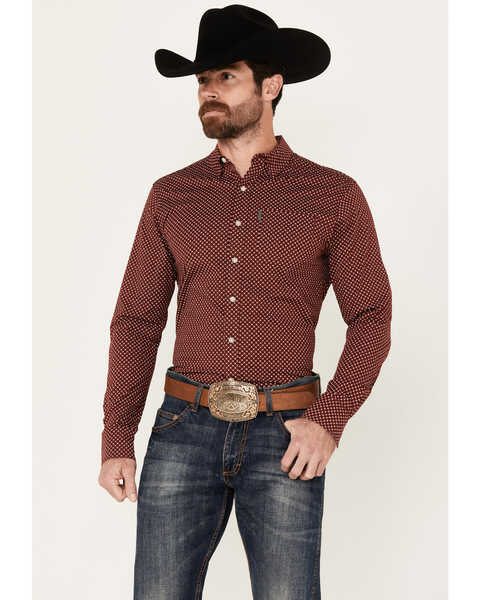 Ariat Men's Macoy Geo Print Long Sleeve Button-Down Stretch Western Shirt , Wine, hi-res