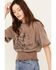 Youth in Revolt Women's Skeletons Shirred Bottom Short Sleeve Graphic Tee, Brown, hi-res
