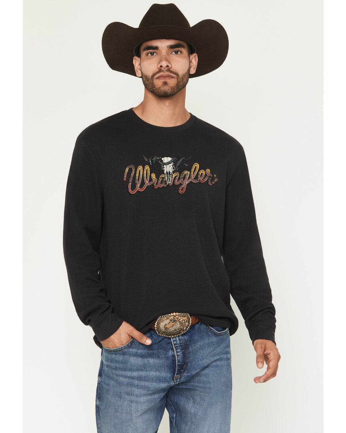 Image #1 - Wrangler Men's Steerhead Roped Logo Long Sleeve Graphic T-Shirt, Black, hi-res