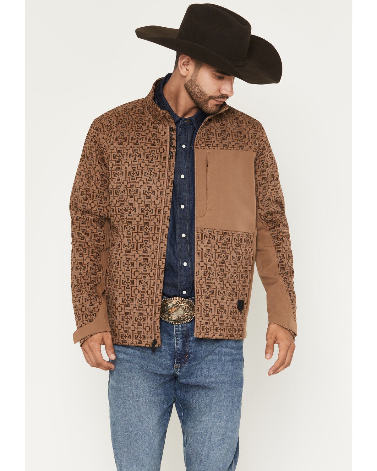 RANK 45&reg; Men's Monroe Southwestern Color Block Softshell Jacket, Lt Brown, hi-res