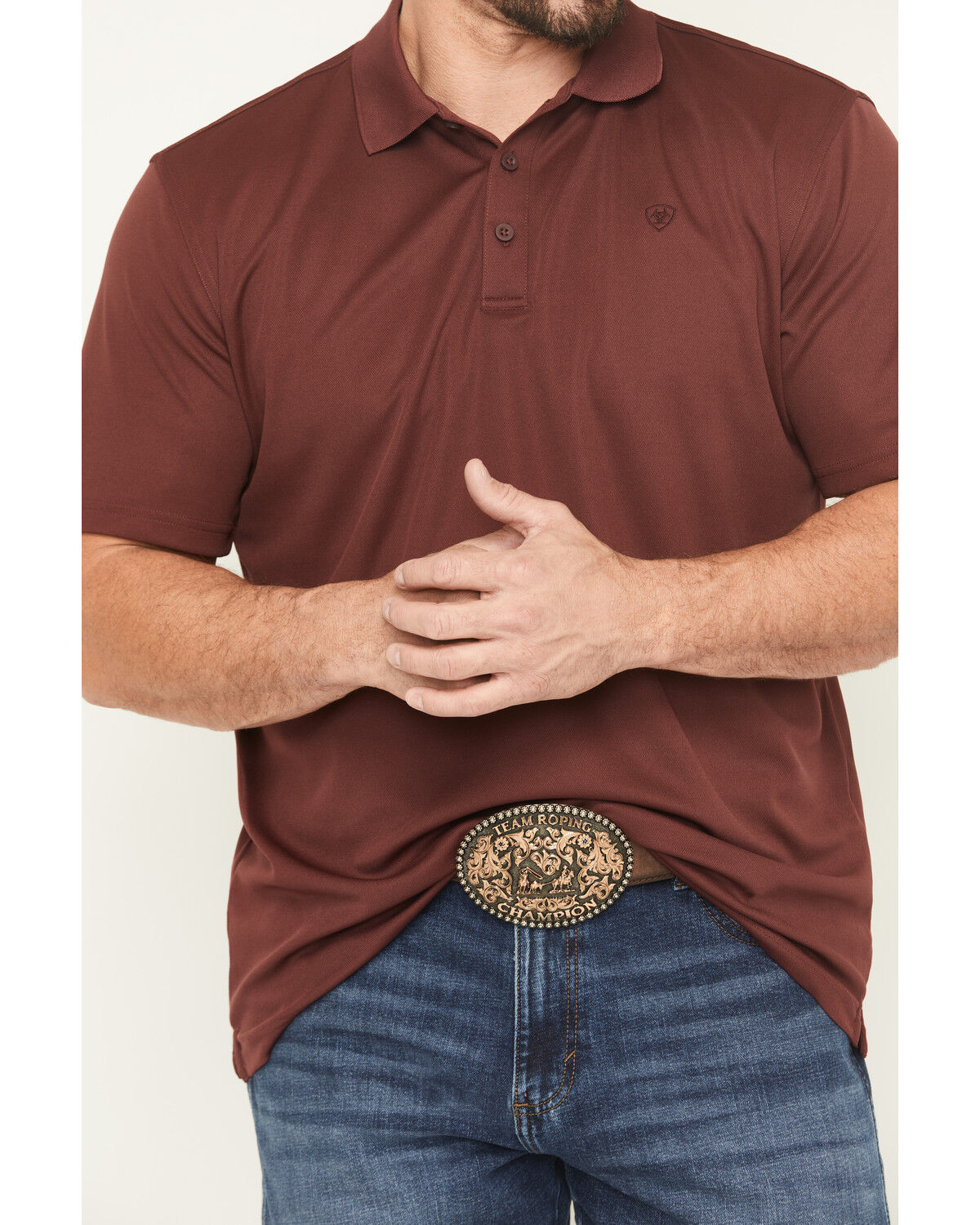 Image #3 - Ariat Men's TEK Solid Short Sleeve Performance Polo, Maroon, hi-res