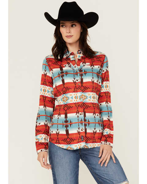 Wrangler Retro Women's Americana Southwestern Print Long Sleeve Snap Western Shirt , Red/white/blue, hi-res
