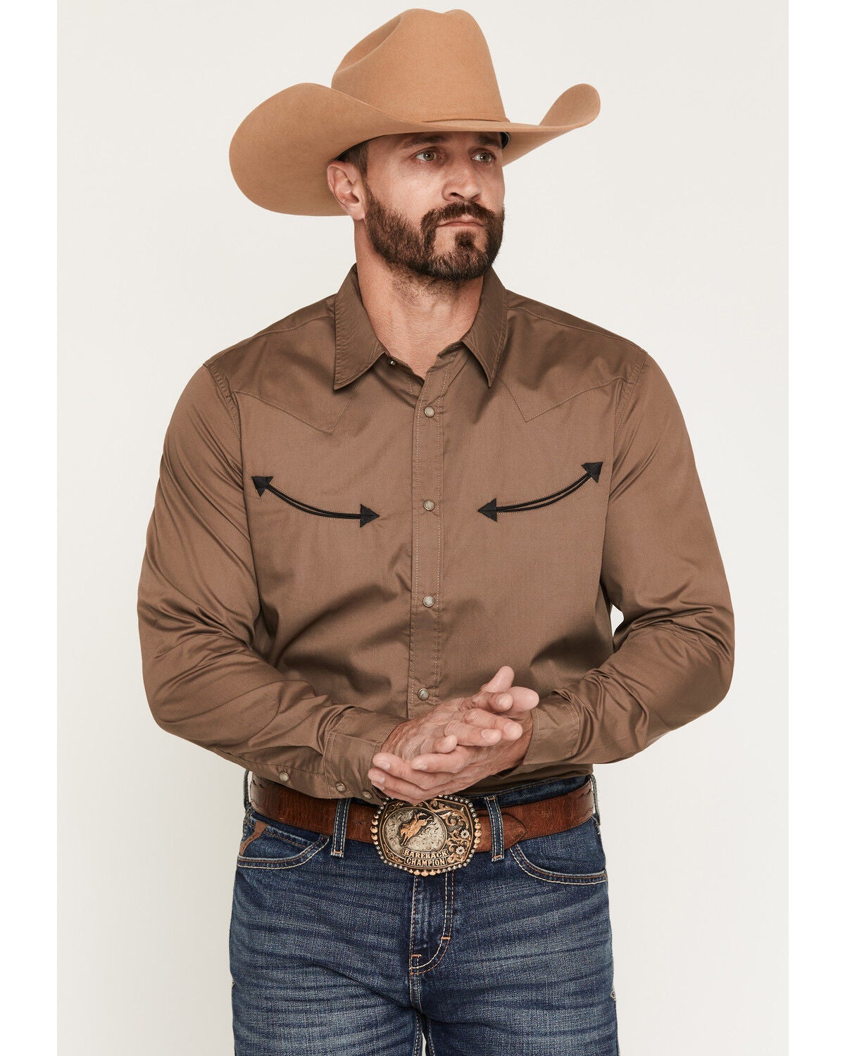 Gibson Trading Co Men's All Smiles Solid Long Sleeve Snap Western Shirt, Brown, hi-res