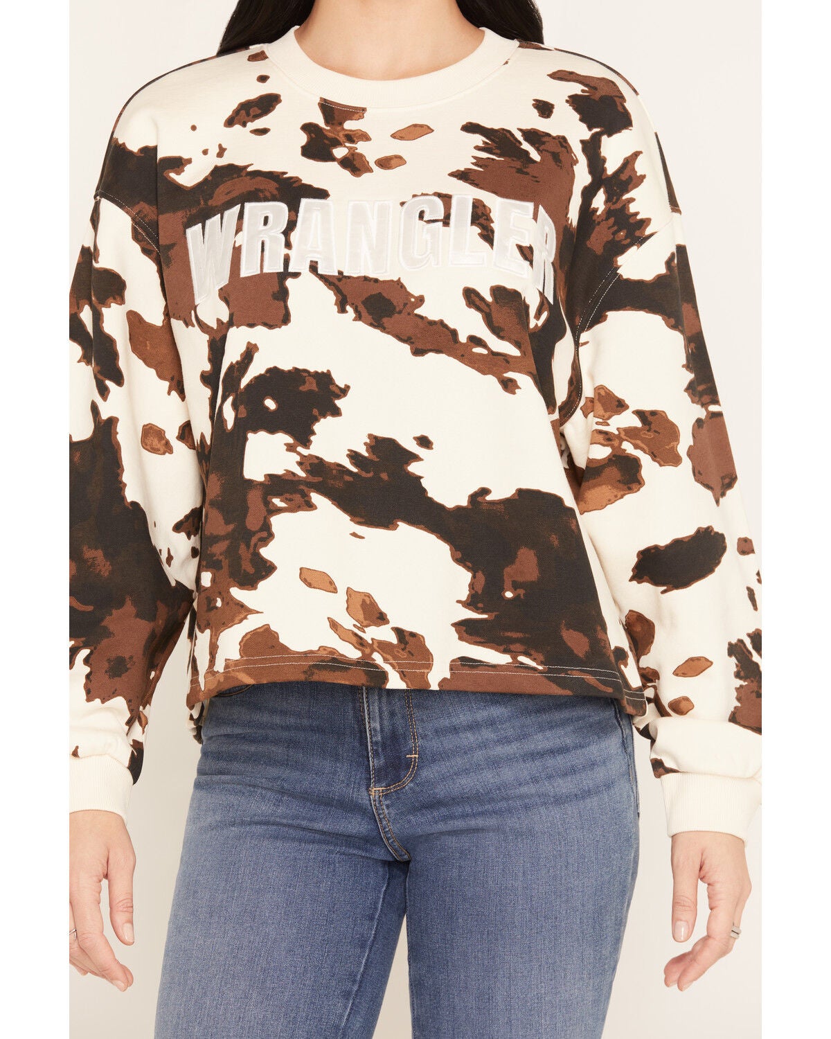 Image #3 - Wrangler Women's Cow Print Crew Neck Sweatshirt, Cream, hi-res