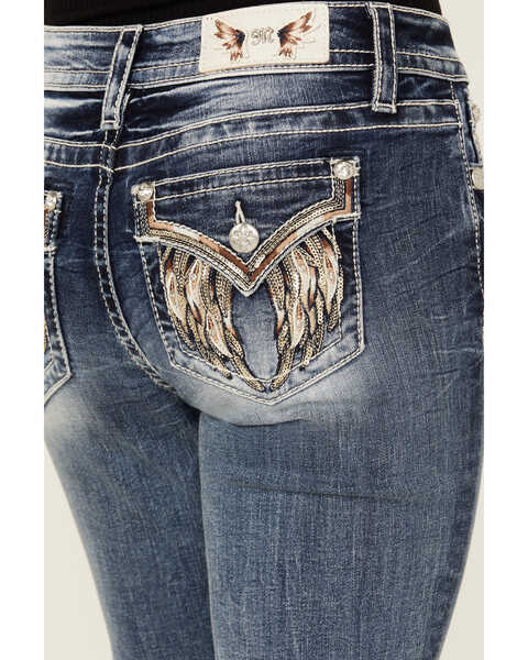 Miss Me Women's Dark Wash Mid Rise Wing Pocket Bootcut Stretch Denim Jeans , Dark Wash, hi-res