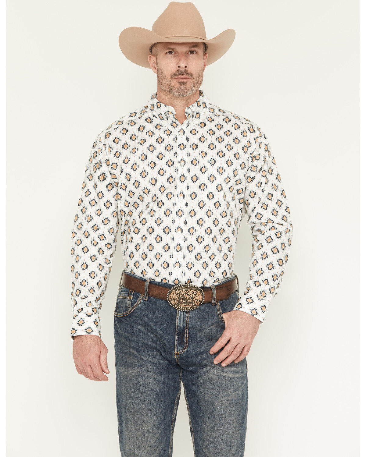 Image #1 - Ariat Men's Cai Southwestern Print Long Sleeve Button-Down Western Shirt, Off White, hi-res