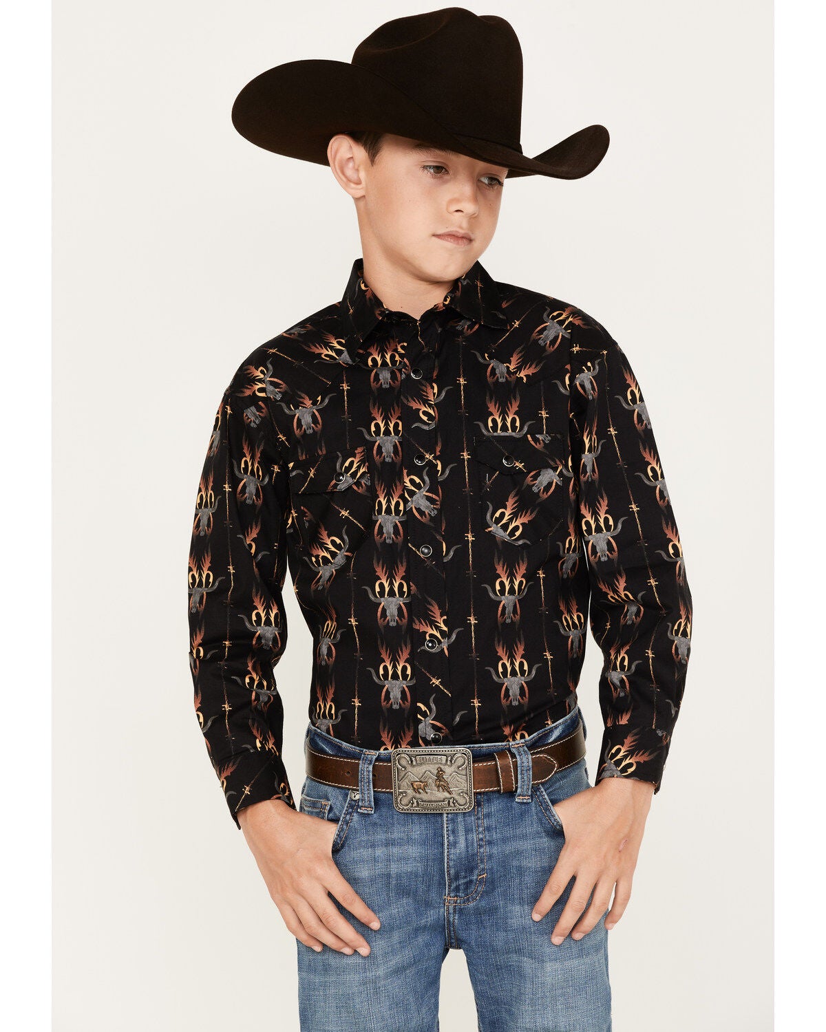 Rock & Roll Denim Boys' Dale Brisby Flame Steer Head Long Sleeve Snap Western Shirt, Black, hi-res