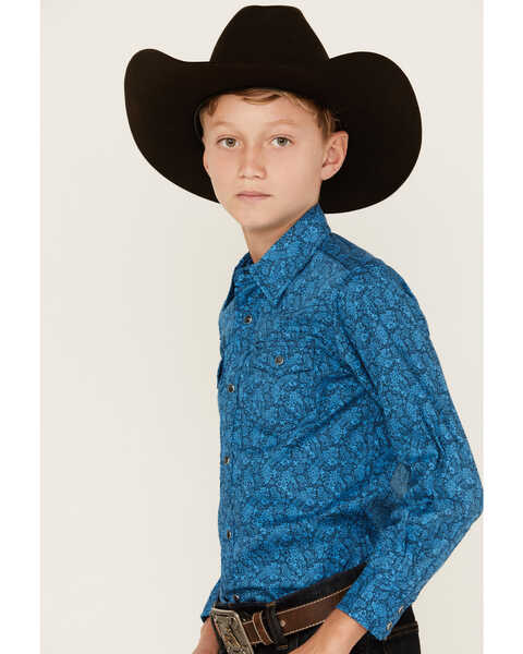 Image #2 - Wrangler Boys' Floral Print Long Sleeve Snap Stretch Western Shirt , Blue, hi-res