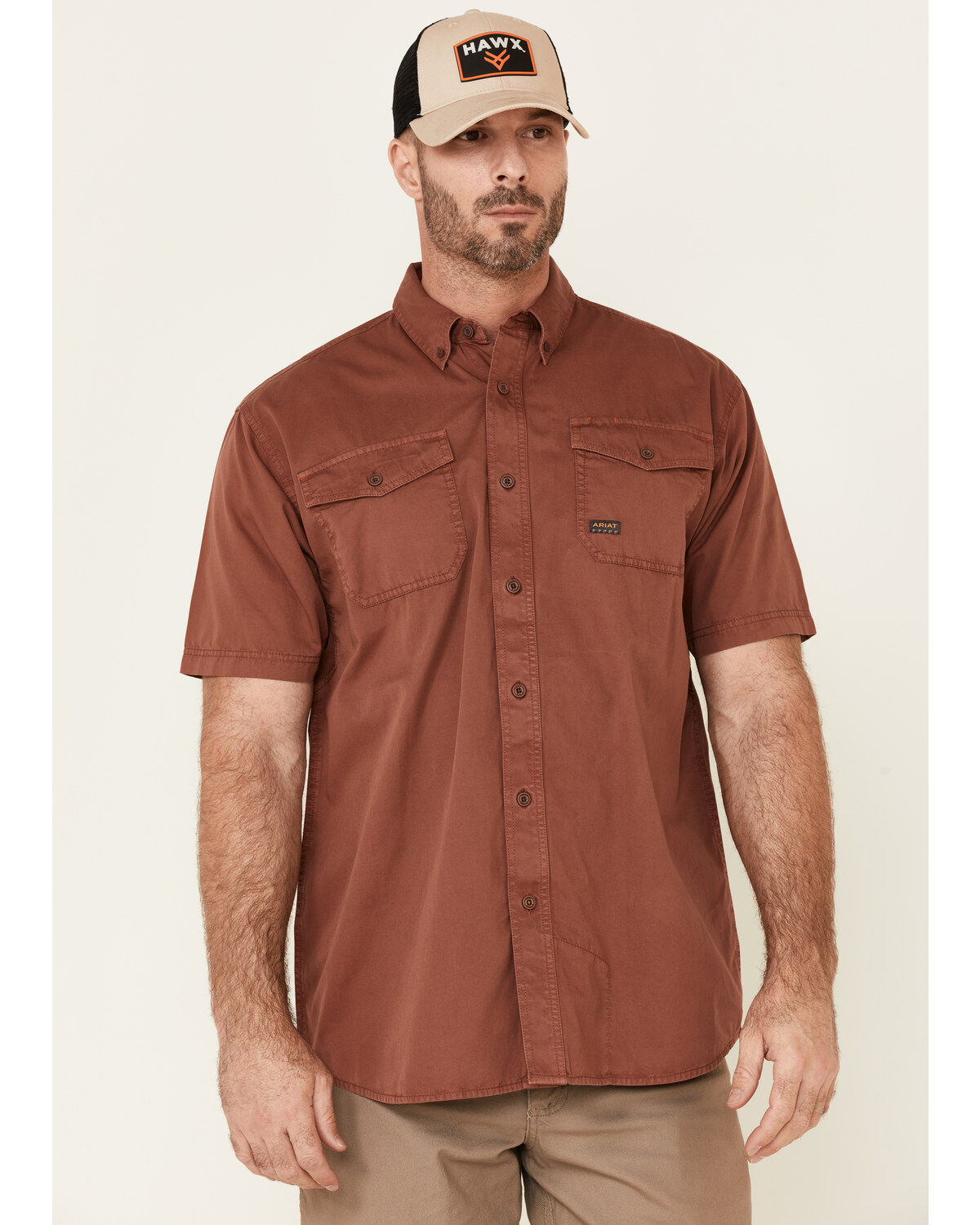 Image #1 - Ariat Men's Henna Solid Rebar Washed Twill Short Sleeve Button Down Work Shirt, Brown, hi-res