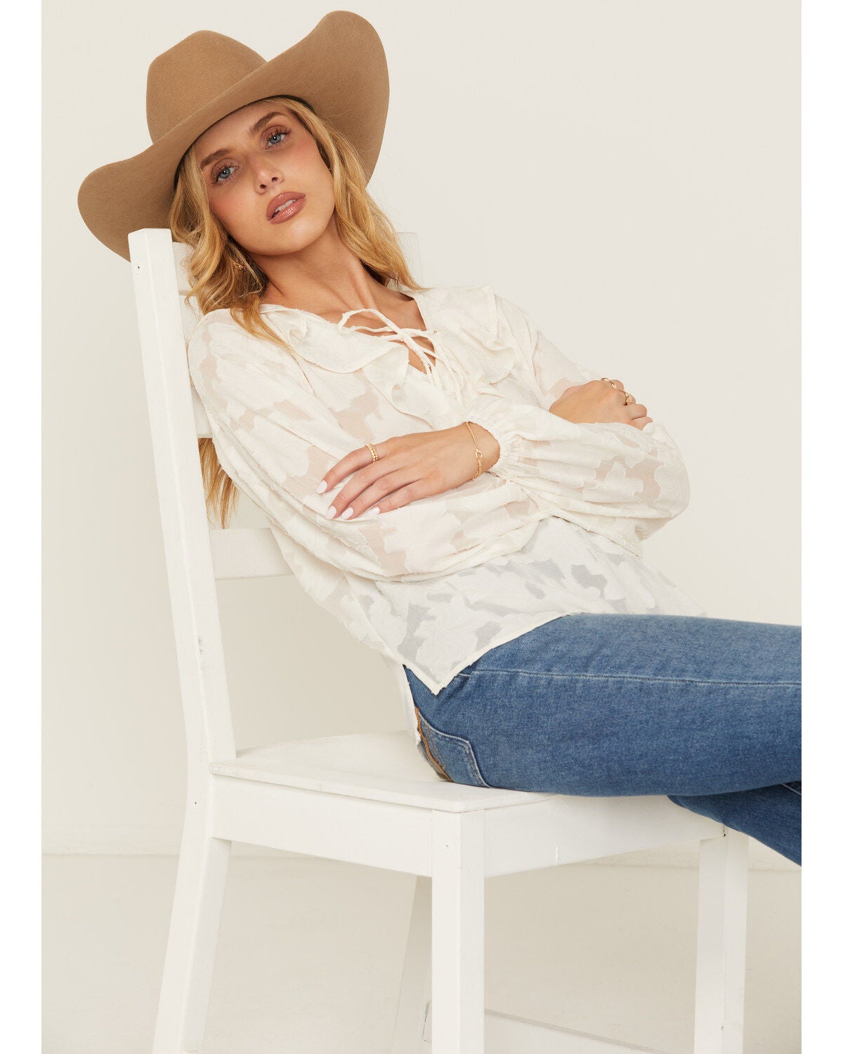 Shyanne Women's Floral Long Sleeve Ruffle Peasant Top, Off White, hi-res