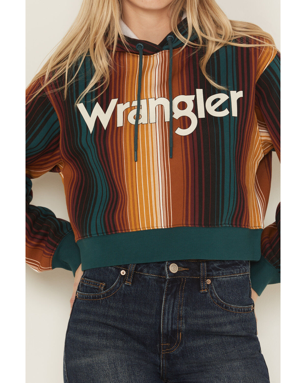 Image #3 - Wrangler Retro Women's Serape Striped Logo Cropped Hoodie, Teal, hi-res