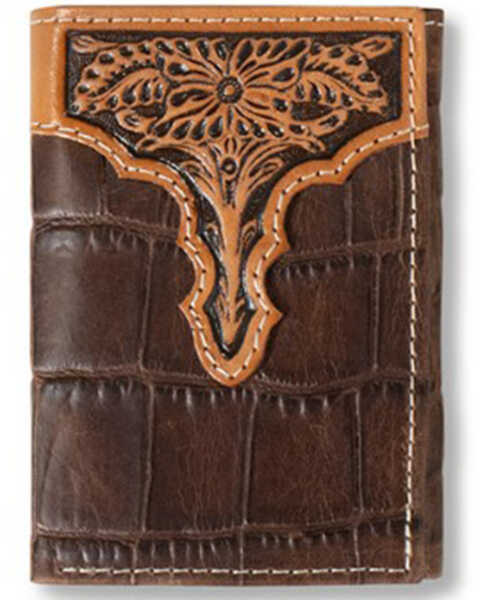 Ariat Men's Tri-Fold Croc Floral Embossed Wallet , Brown, hi-res
