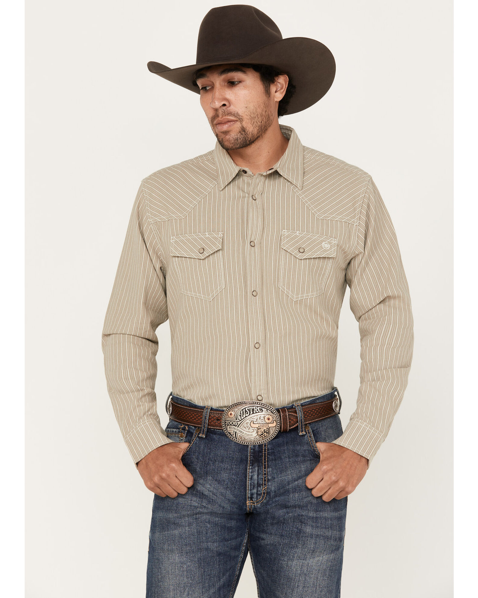 Blue Ranchwear Men's Denim Dobby Striped Long Sleeve Western Pearl Snap Shirt