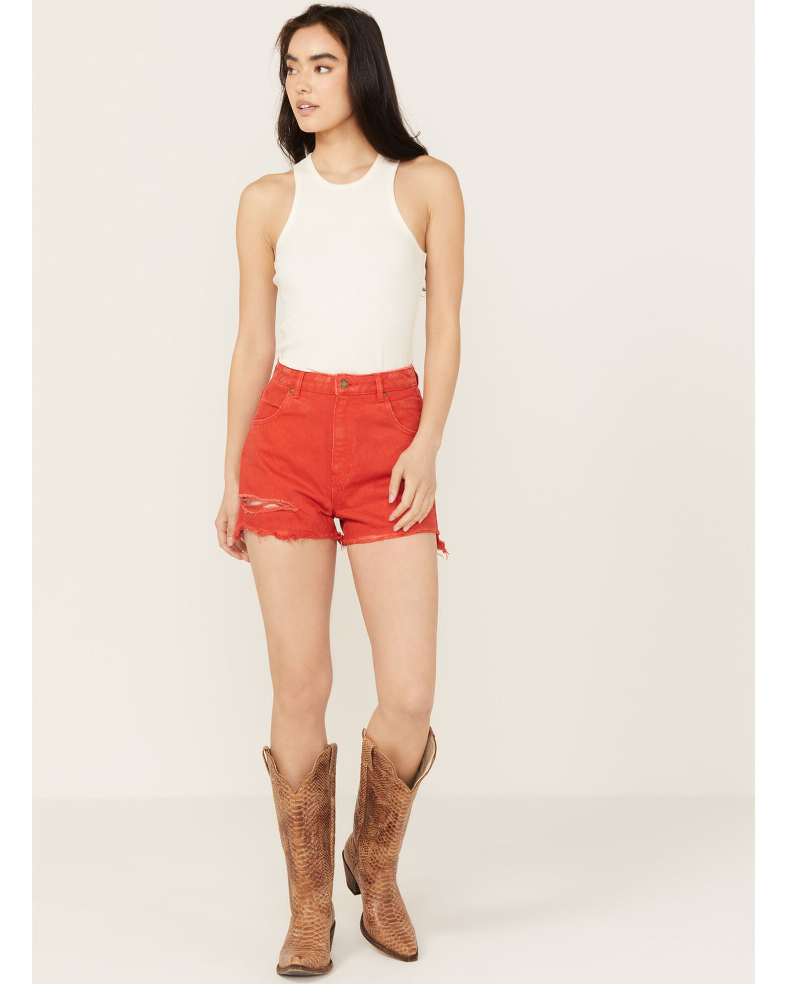 Red high waisted denim shorts sales