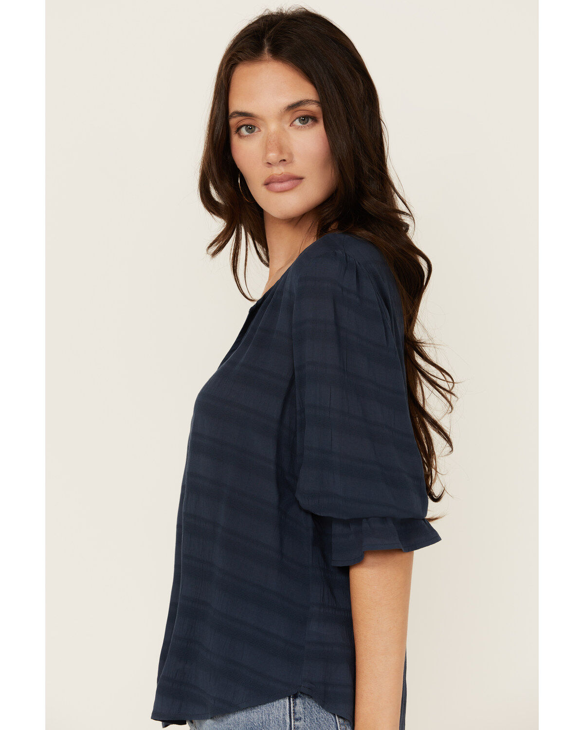 Image #2 - Shyanne Women's Cross Hatch Long Sleeve Peasant Blouse, Navy, hi-res