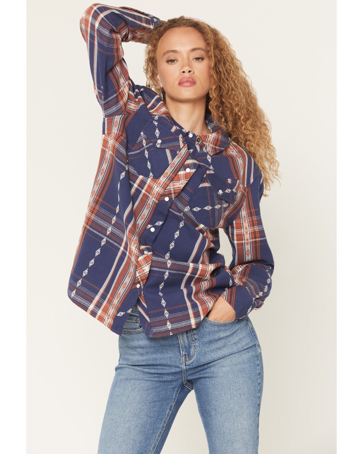 Idyllwind Women's Glenmond Dobby Plaid Print Long Sleeve Snap Flannel Shirt, Dark Blue, hi-res