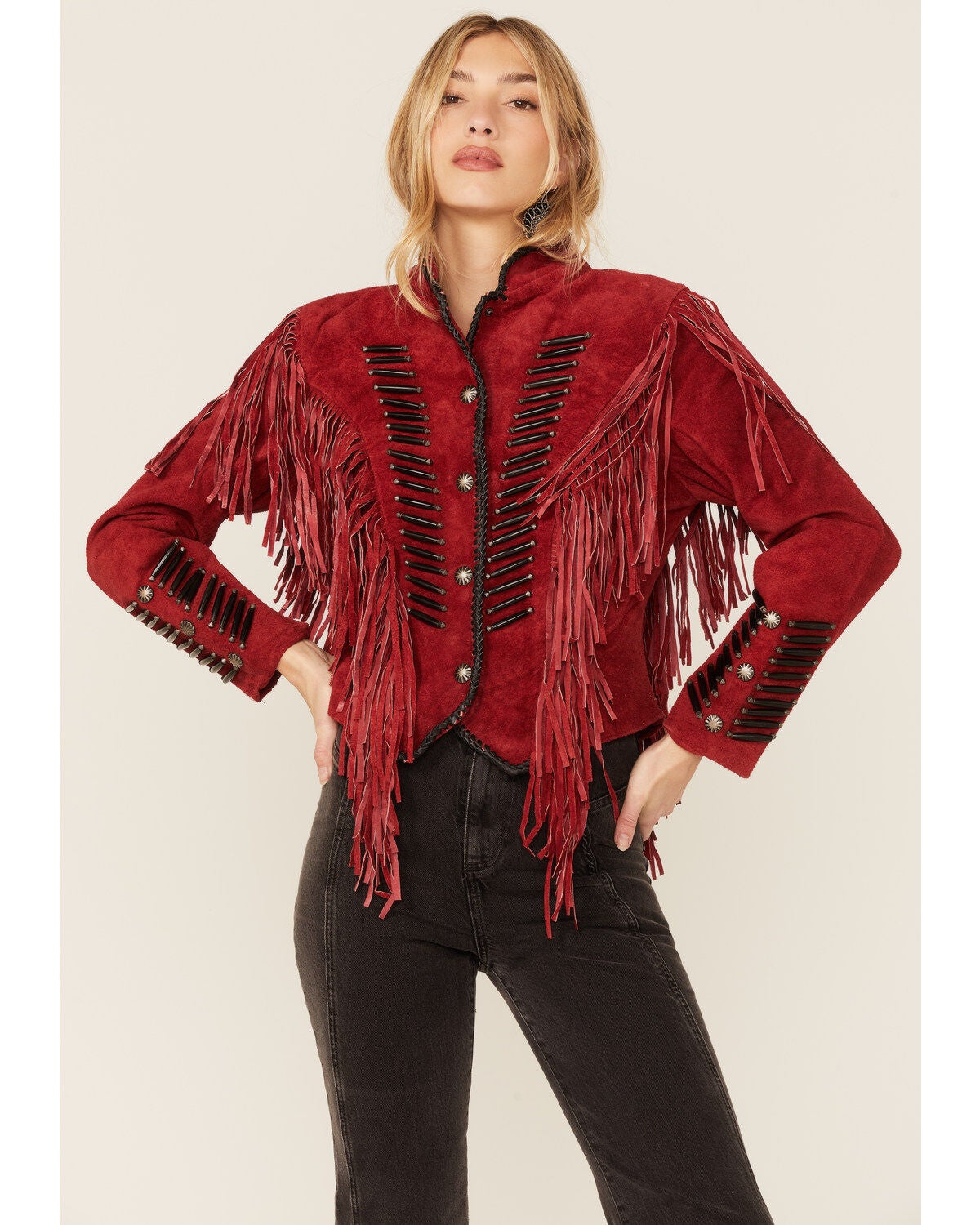 Image #1 - Cripple Creek Women's Beaded Suede Fringe Black Bones Military Jacket , , hi-res