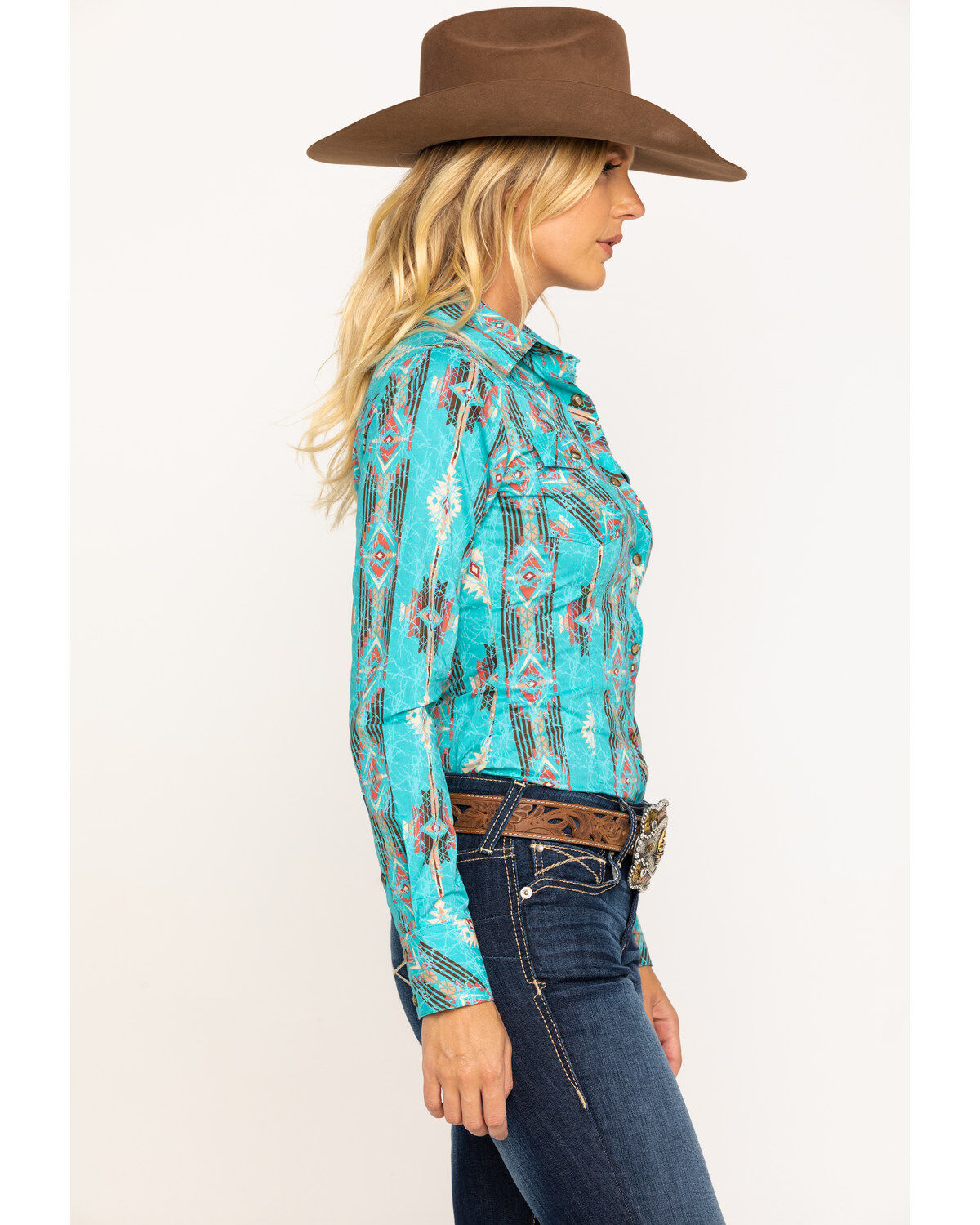 Image #3 - Rock & Roll Cowgirl Women's Mint Aztec Snap Long Sleeve Western Shirt, , hi-res