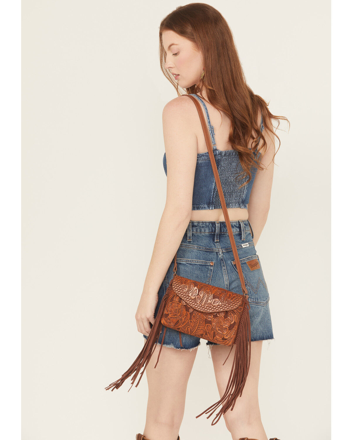 Image #1 - Shyanne Women's Wrenlee Tooled Underlay Crossbody Bag, Chestnut, hi-res