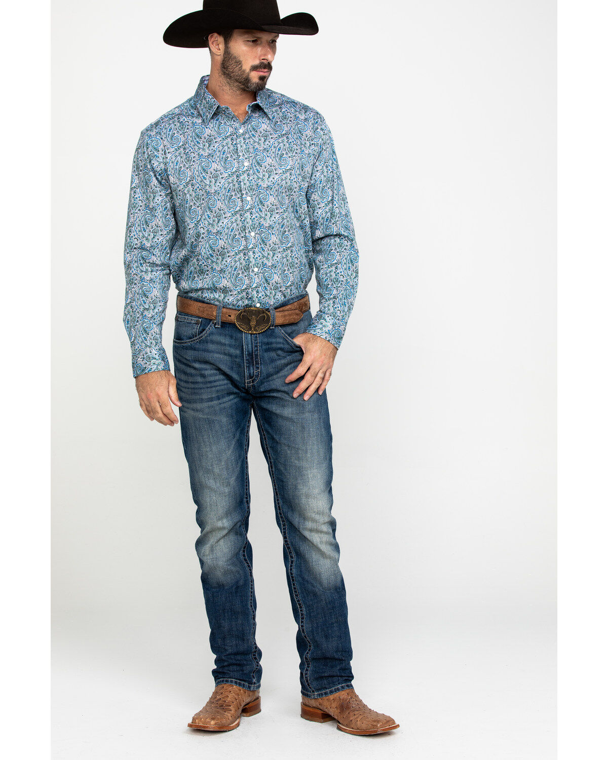Image #6 - Scully Signature Soft Series Men's Turquoise Paisley Print Long Sleeve Western Shirt, , hi-res
