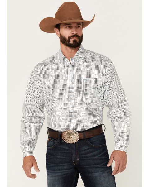 Cinch Men's Stretch Geo Print Long Sleeve Button Down Western Shirt , White, hi-res