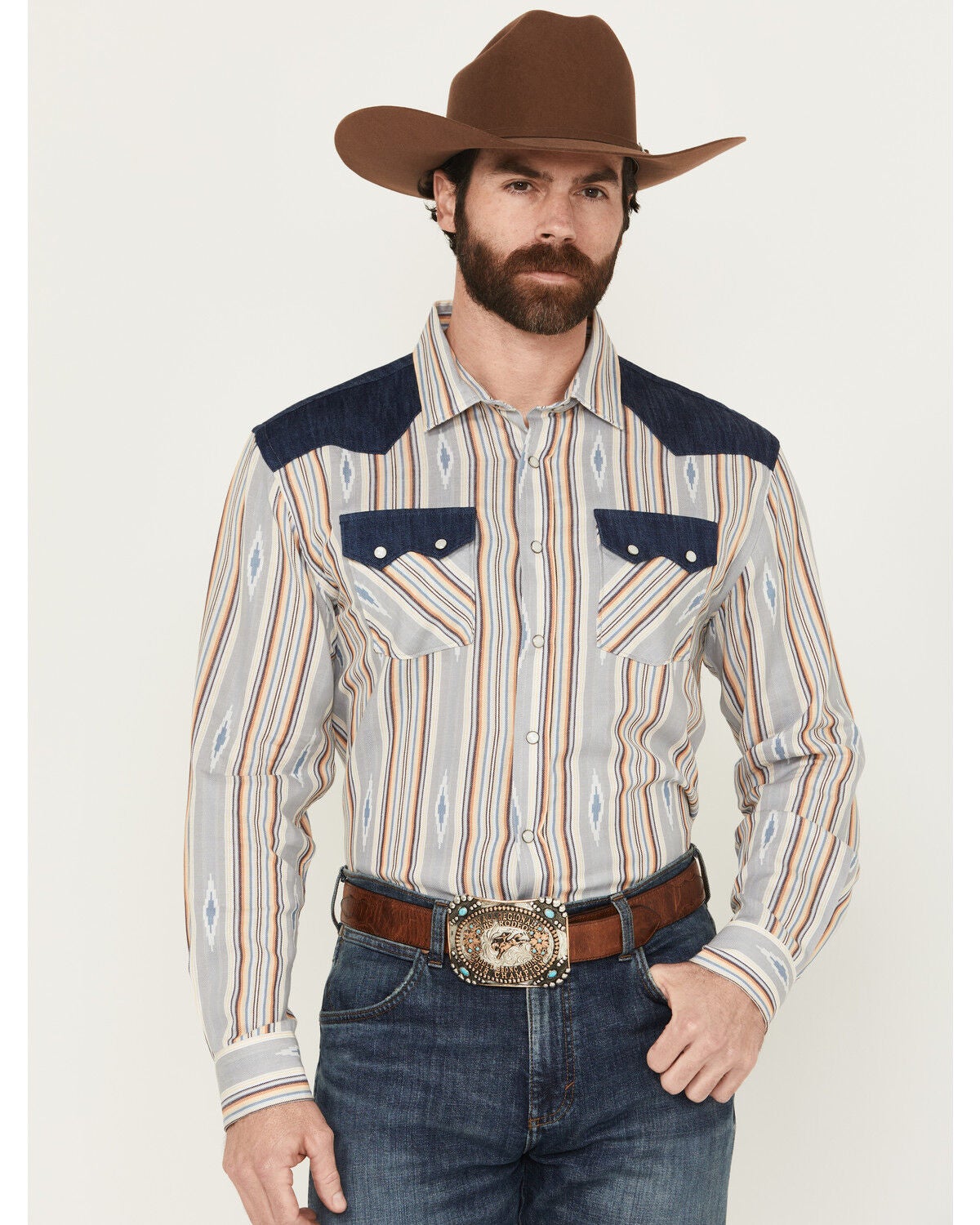 Panhandle Men's Southwestern Striped Long Sleeve Snap Western Shirt, Natural, hi-res