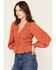 Image #2 - Yura Women's Solid Smocked Long Sleeve Tie-Front Shirt, Rust Copper, hi-res