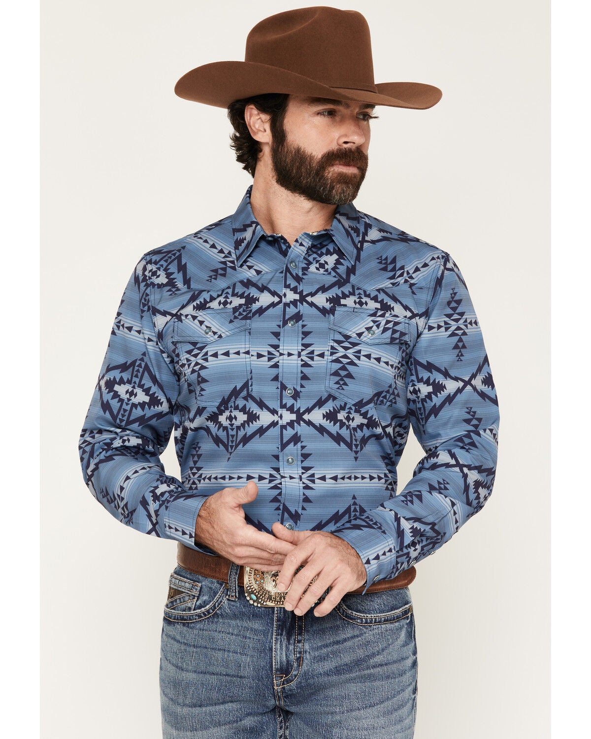 Image #1 - RANK 45&reg; Men's Blue Horizon RODEOTEK&trade; Southwestern Print Long Sleeve Snap Western Shirt, Medium Blue, hi-res