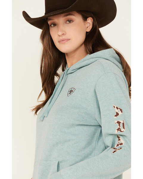 Image #2 - Ariat Women's Cow Print Embroidered Logo Hoodie , Blue, hi-res