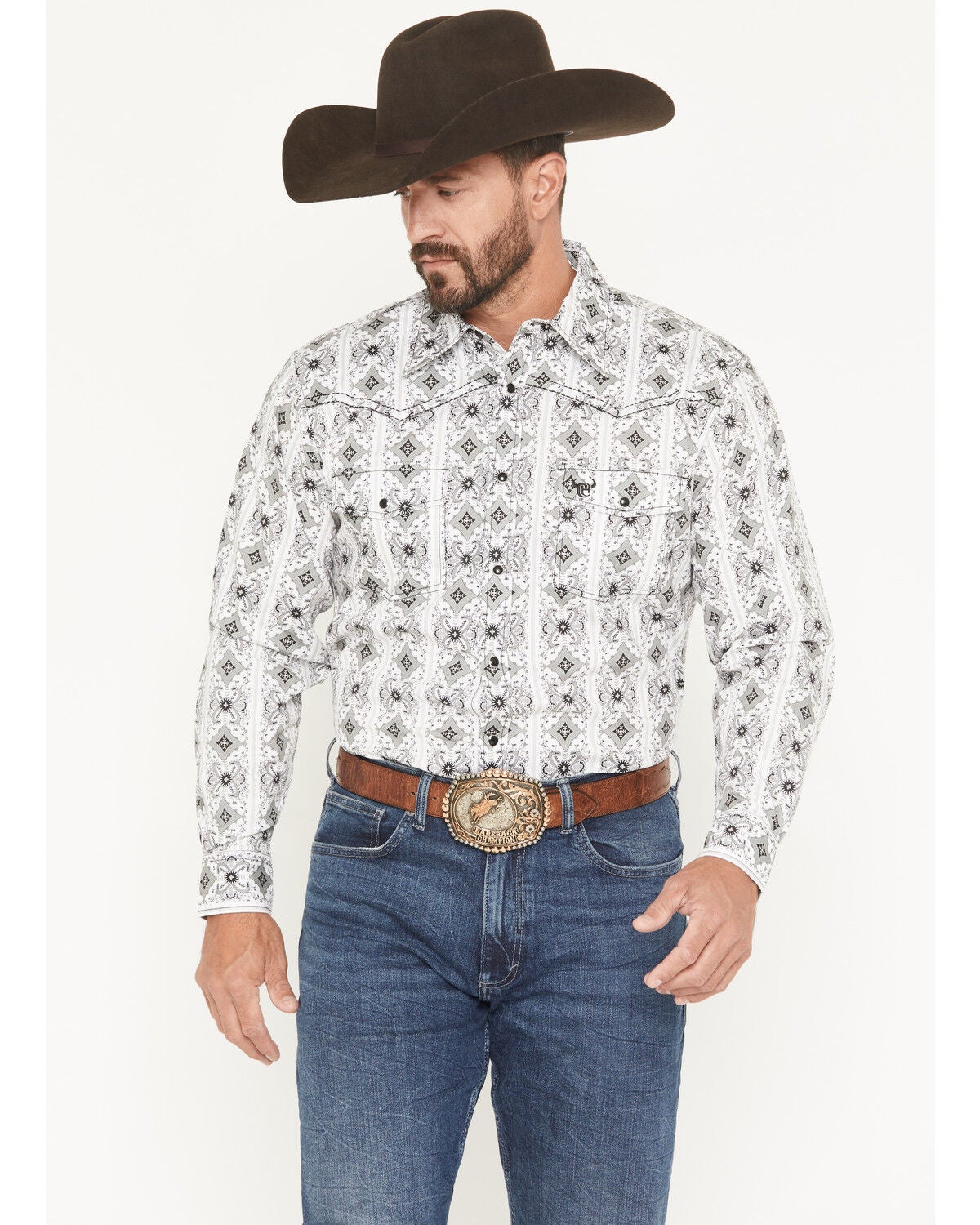 Cowboy Hardware Men's Medallion Print Long Sleeve Snap Stretch Western Shirt, White, hi-res