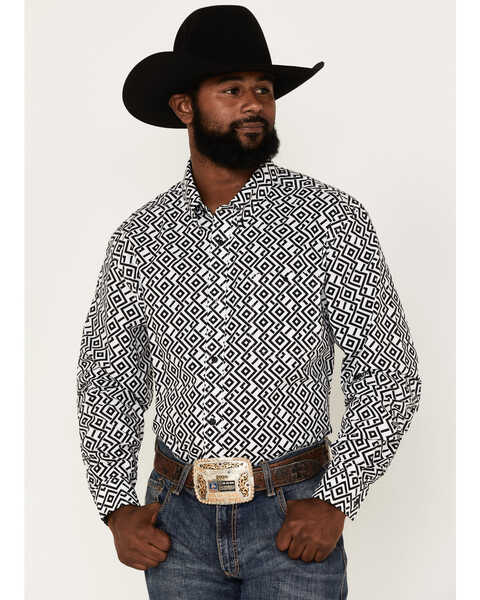 RANK 45® Men's Dillinger Geo Print Long Sleeve Button-Down Stretch Western Shirt, White, hi-res