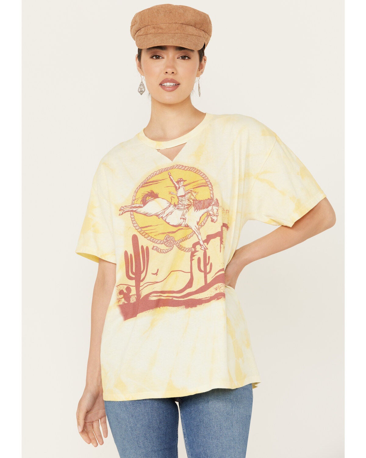 Gina Tees Women's Tie Dye Cut Out Desert Cowboy Graphic Tee, Yellow, hi-res